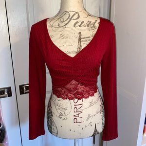 SHEIN SXY Solid Plunging Neck Contrast Lace Hem Crop Tee